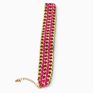 Gold Tone Chain Bracelet with Neon Pink Woven Detail Statement Piece